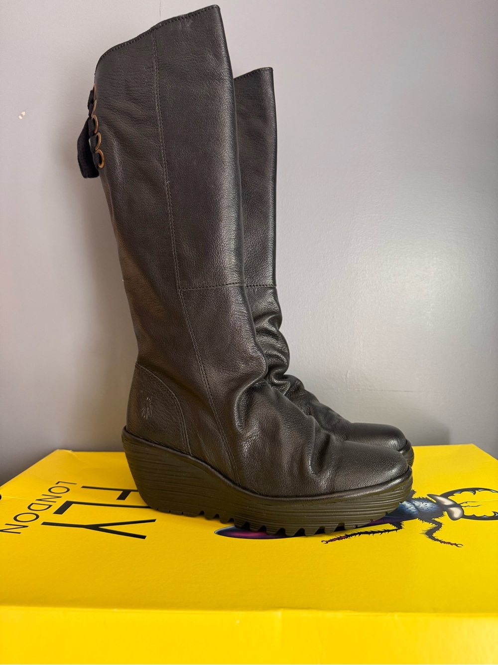 Fly London Women's Black Wedge Knee-High Boots